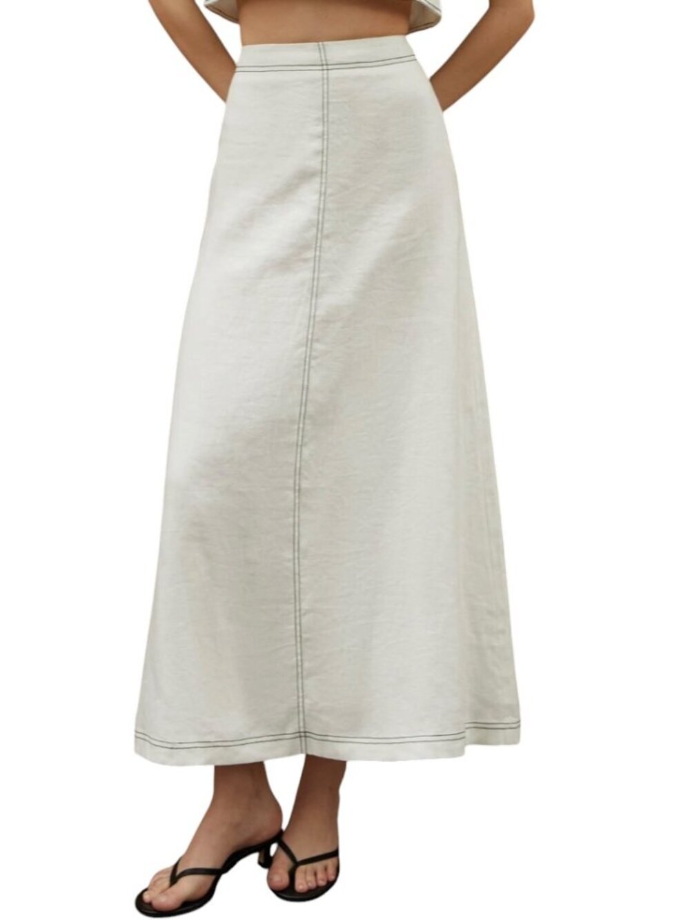 Caara Zenni Linen Maxi Skirt Medium White Black Stitch Lined Coastal